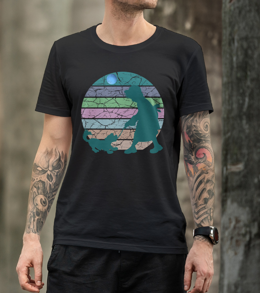 Little Girl Walking Dog Under Blue Moon Vintage Stripes T-Shirt
