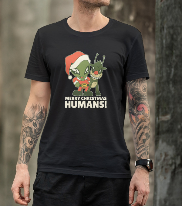Santa Alien With Rudolph Merry Christmas Humans T-Shirt
