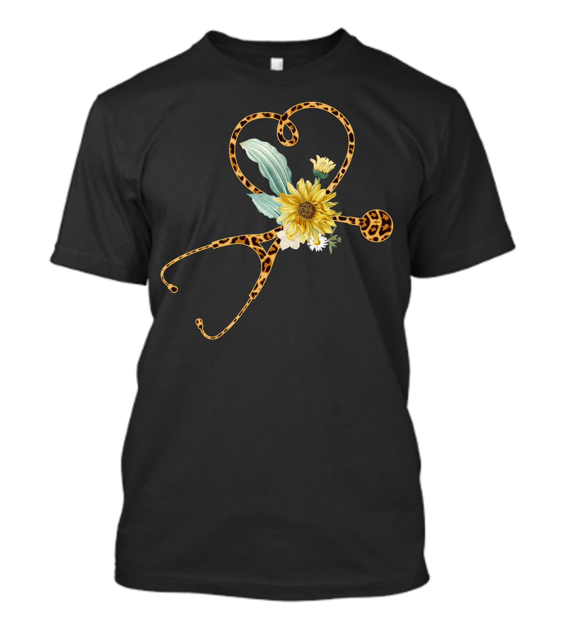 Nurse Life Sunflower Leopard Heart Stethoscope T-Shirt