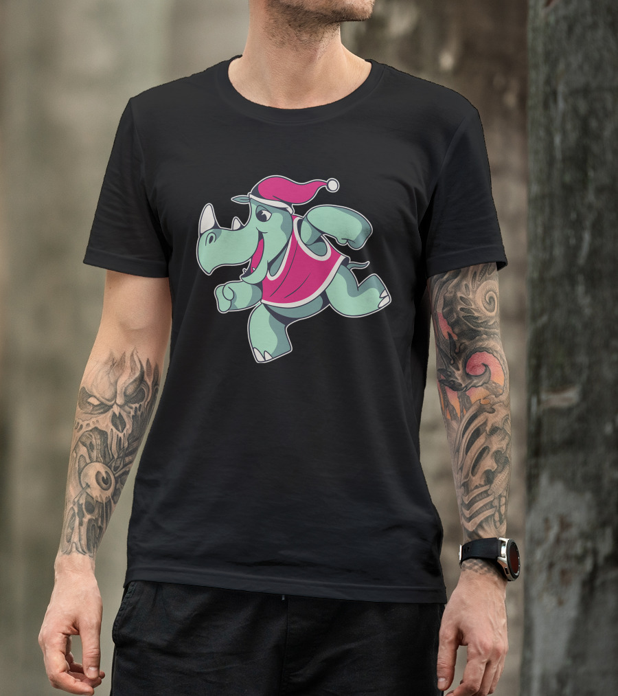 Santa Hat Running Rhino T-Shirt