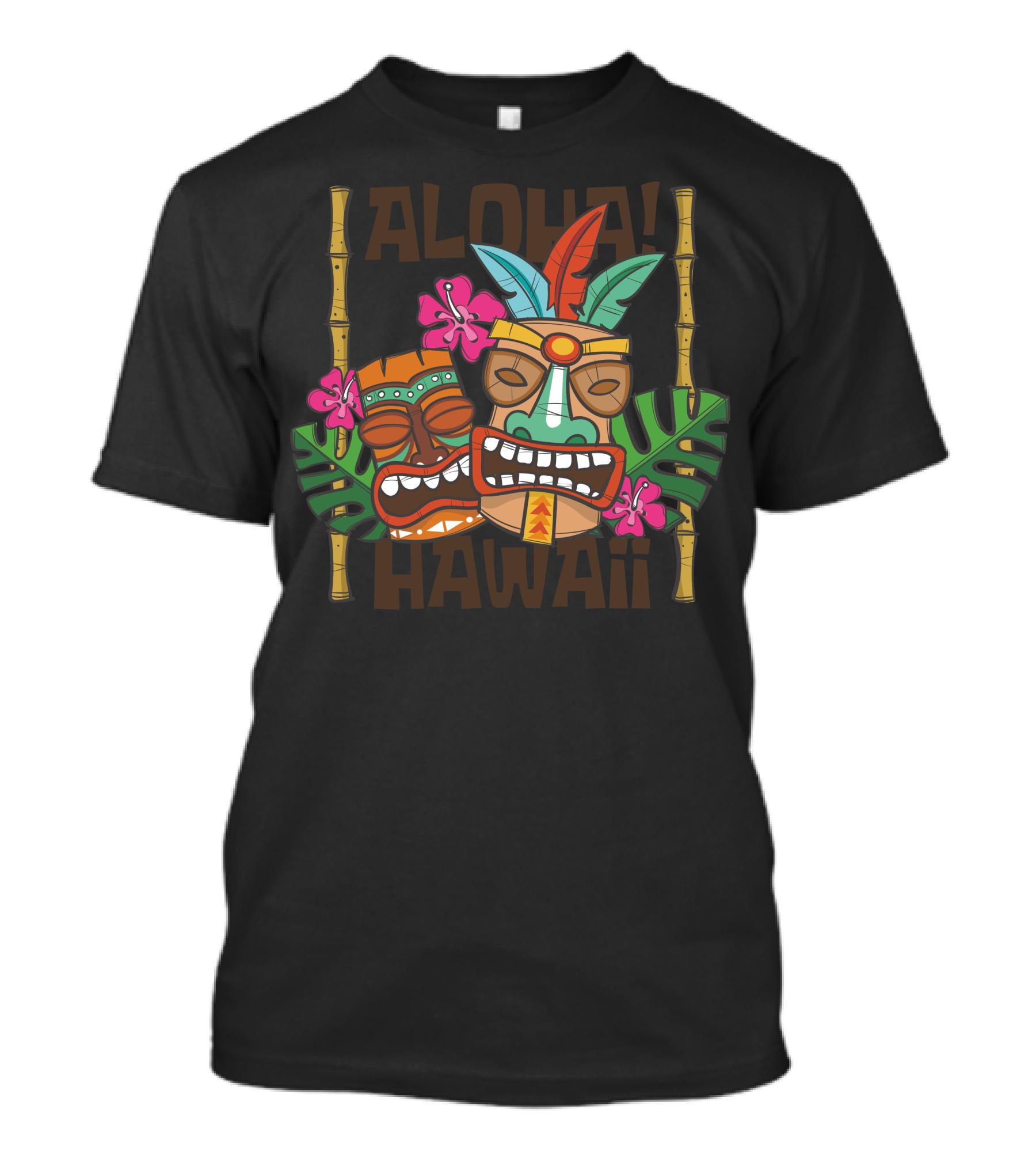 Aloha Hawaii Tiki Masks With Tropical Floral And Bamboo Elements T-Shirt