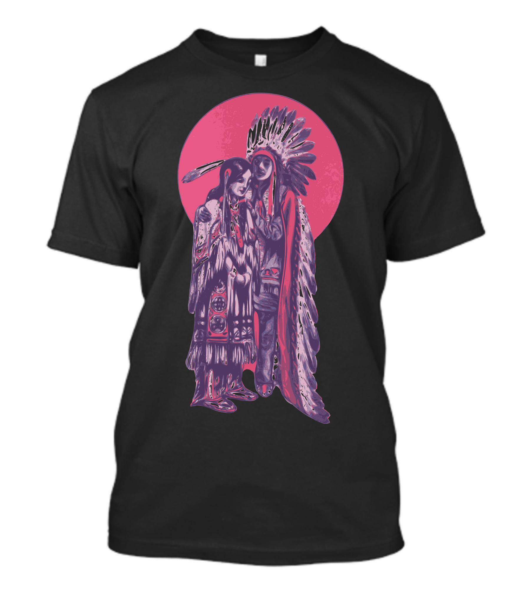American Indian Chiefs In Traditional Headdress With Pink Sun Background T-Shirt