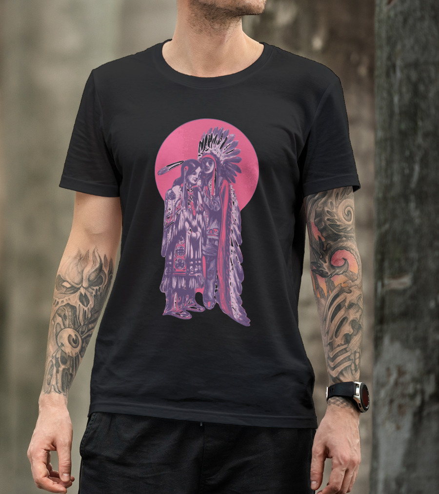 American Indian Chiefs In Traditional Headdress With Pink Sun Background T-Shirt