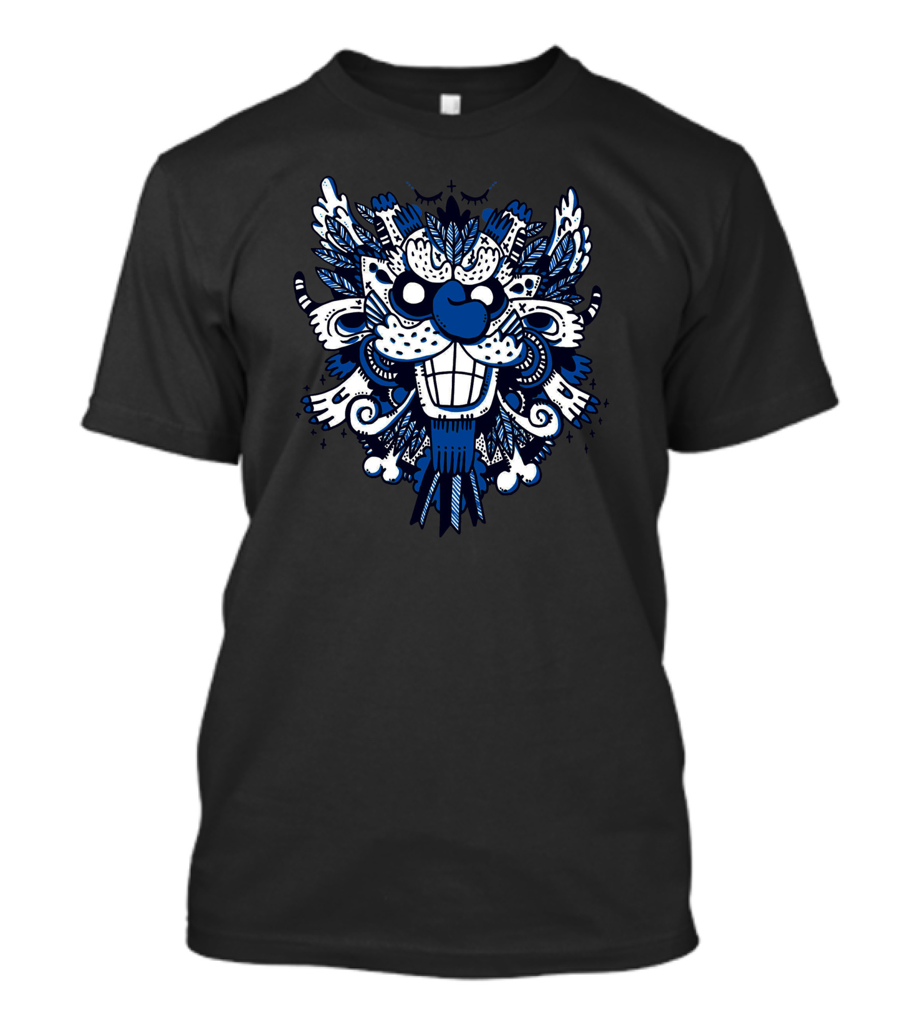 Blue Monster Tribal Mask Motif T-Shirt