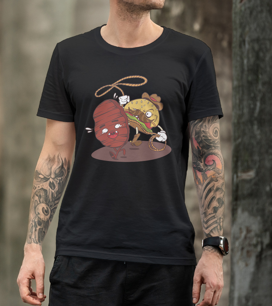 Burger Cowboy Lassoing A Cartoon Steak T-Shirt