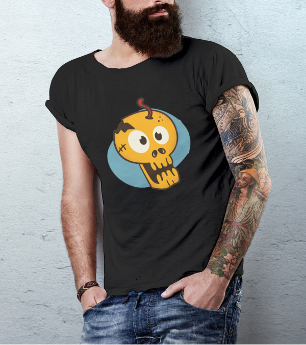 Cartoon Skull Bomb Design With Blue Background T-Shirt