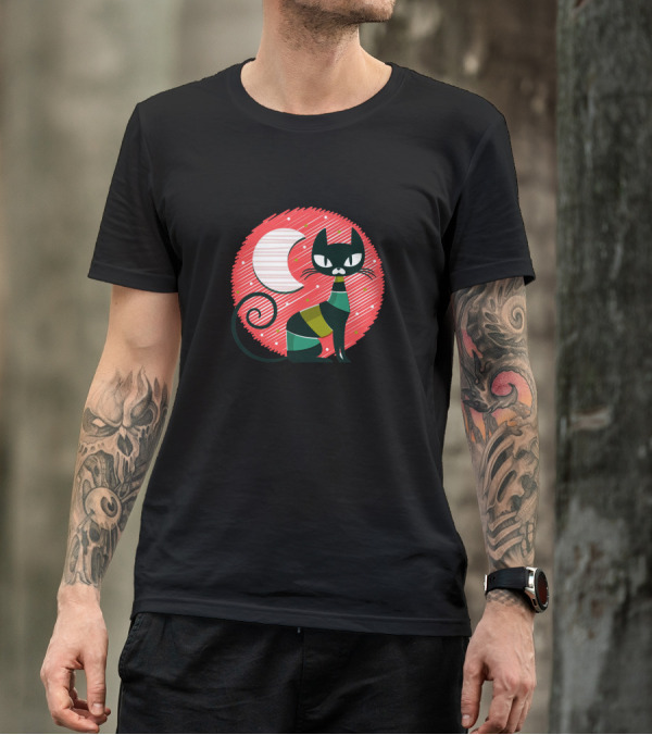 Cat And A Moon With Red Circle And Unique Stripes T-Shirt