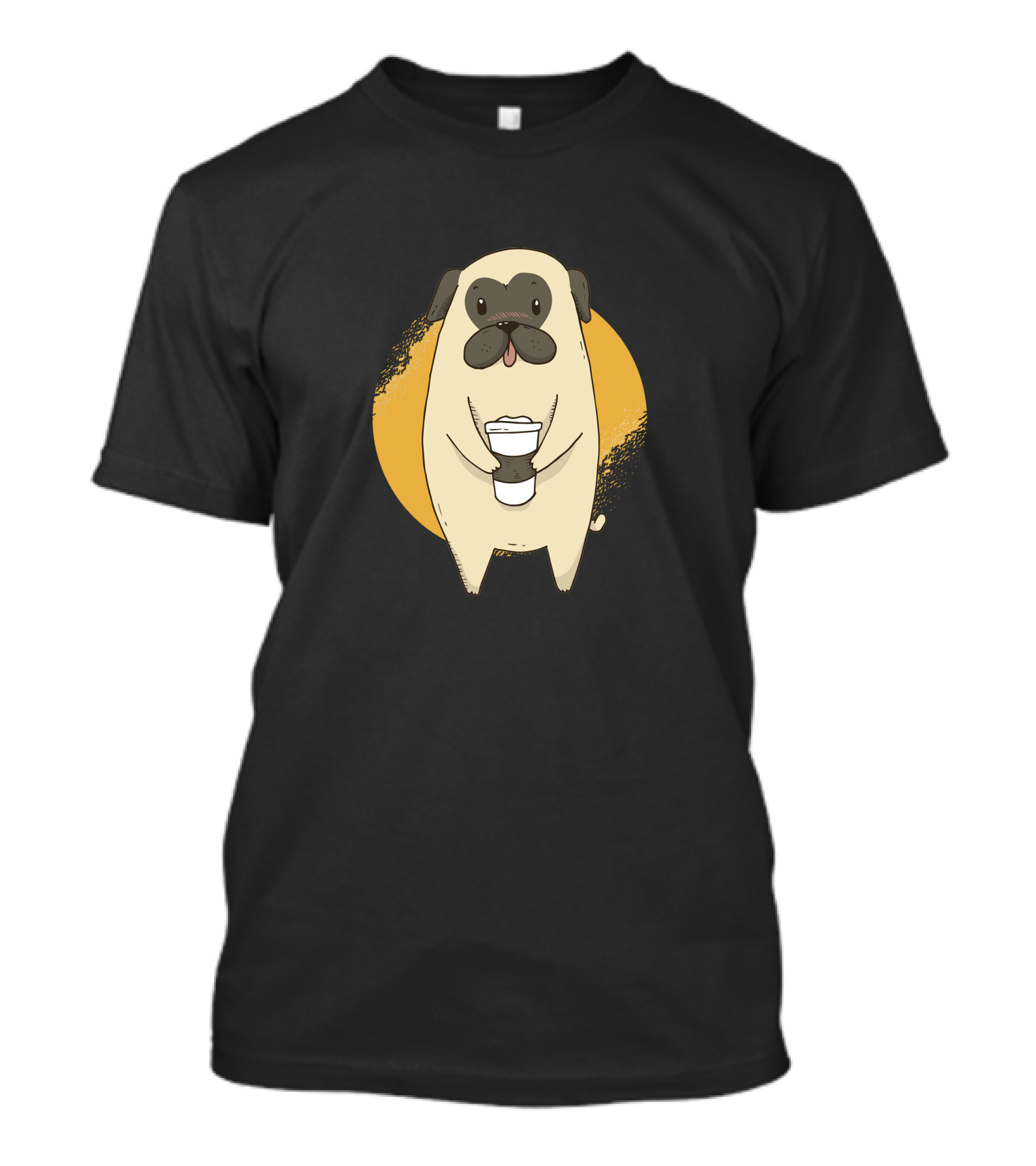 Coffee Pug Holding Cup In Front Of Yellow Circle T-Shirt