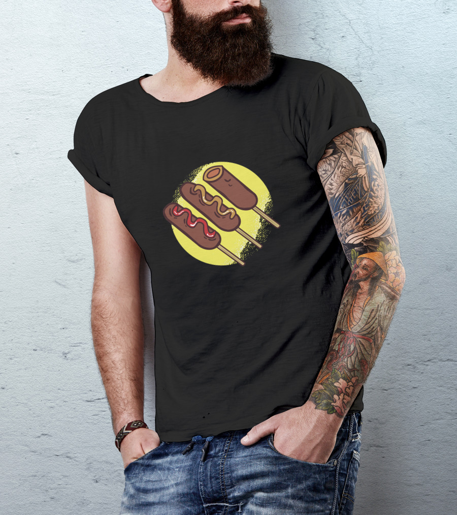 Corn Dogs Trio Delight With Yellow Circle Background T-Shirt