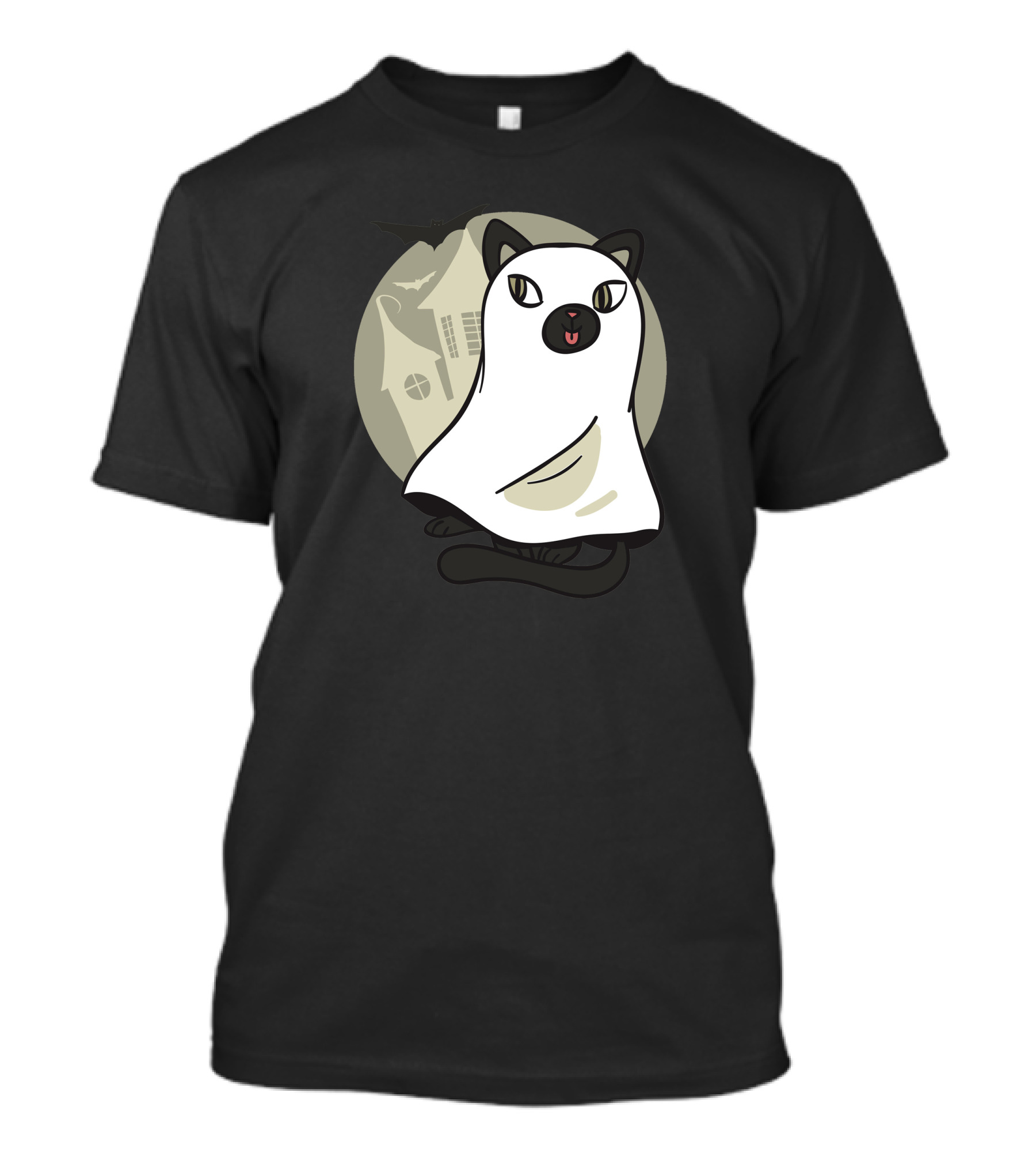 Haunted Cat Ghost In Front Of Spooky House With Bat T-Shirt