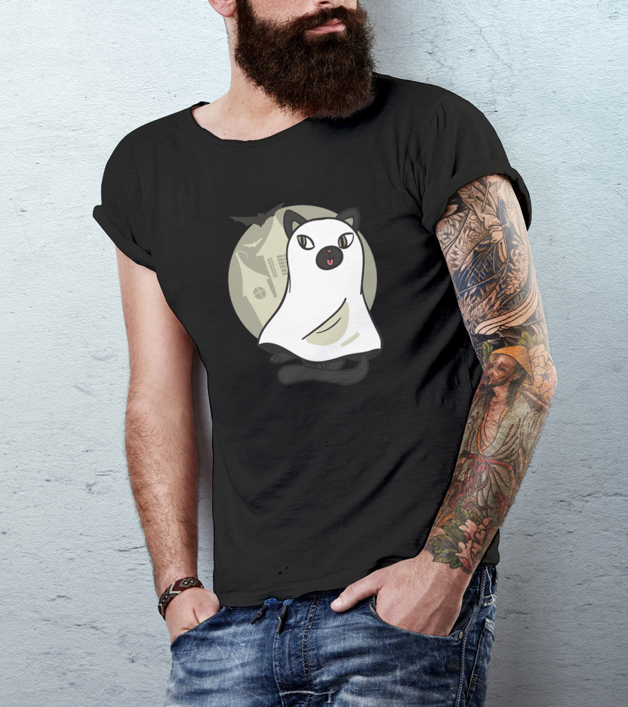 Haunted Cat Ghost In Front Of Spooky House With Bat T-Shirt
