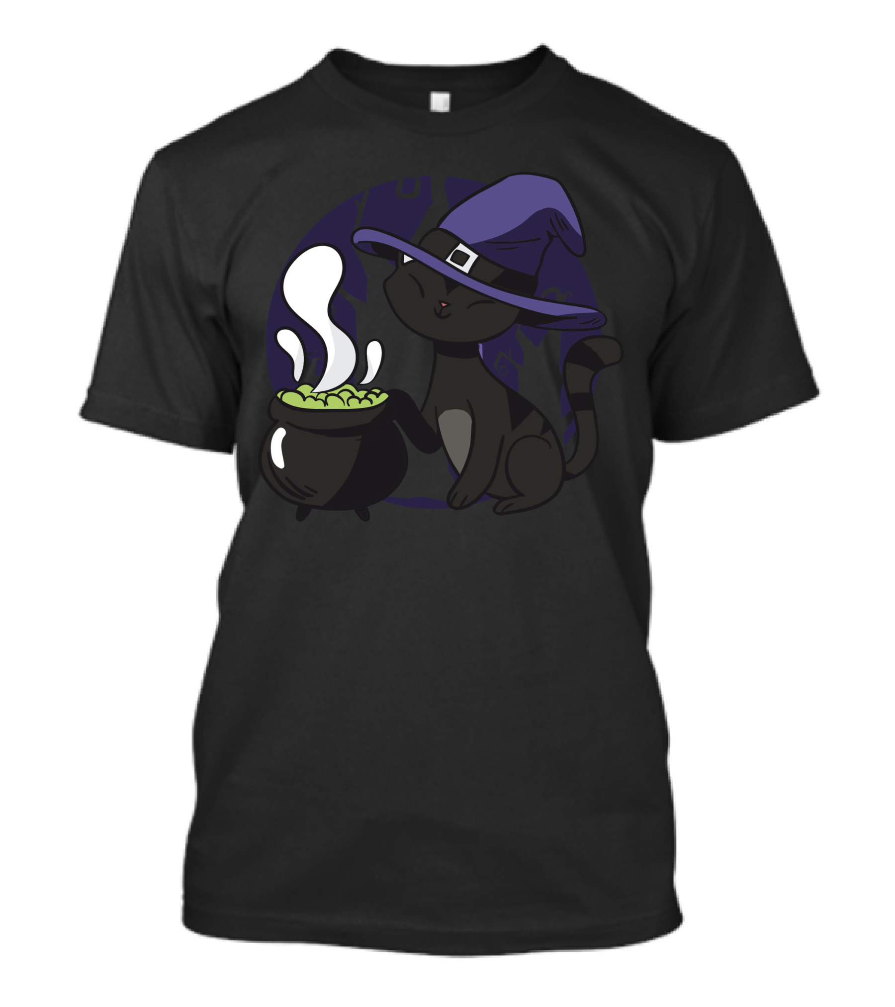 Cute Witch Cat With Cauldron And Purple Hat T-Shirt