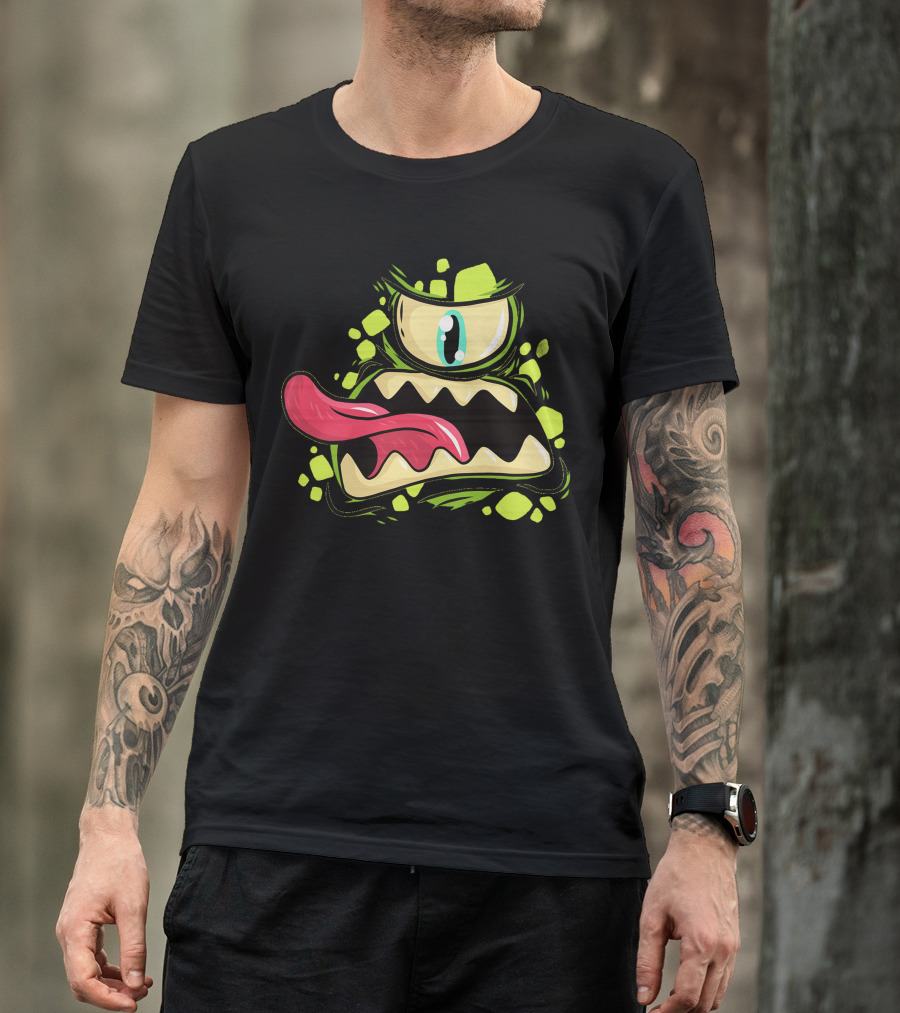 Cyclops Monster Cartoon Face With Green Eyeball And Red Tongue T-Shirt