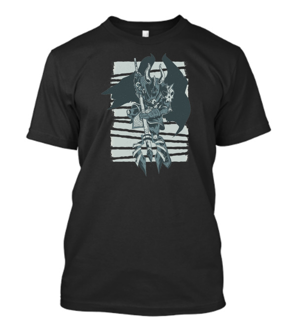 Dark Evil Knight Wielding Dual-Bladed Axe With Skull Armor And Horned Helmet T-Shirt