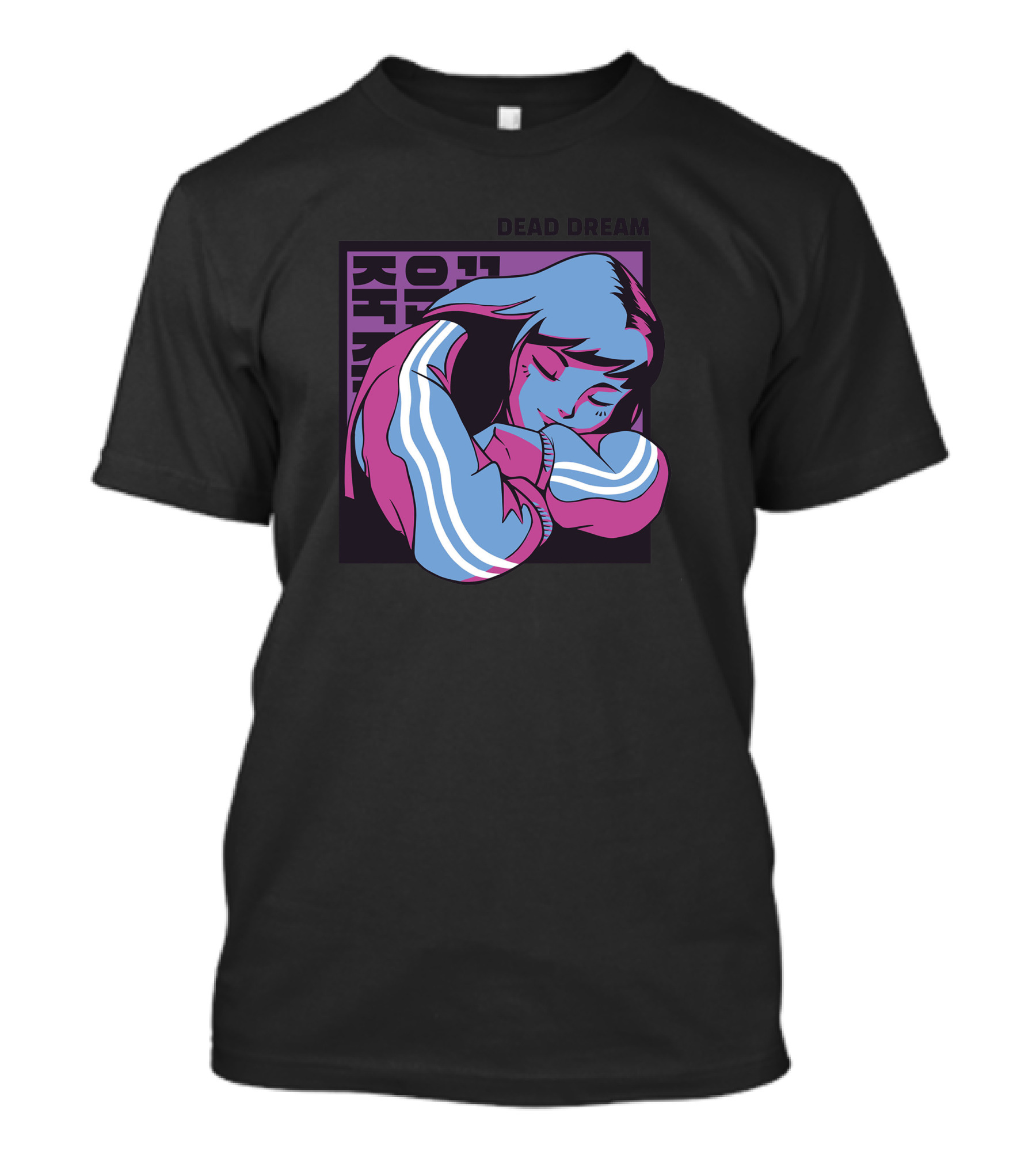 Dead Dream Neon Manga Style Character With Korean Text T-Shirt