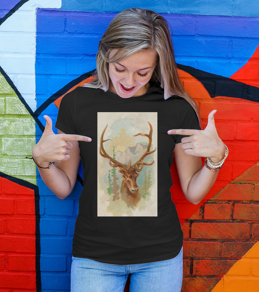 Deer Picture Nature Scene With Antlers And Mountain Background T-Shirt