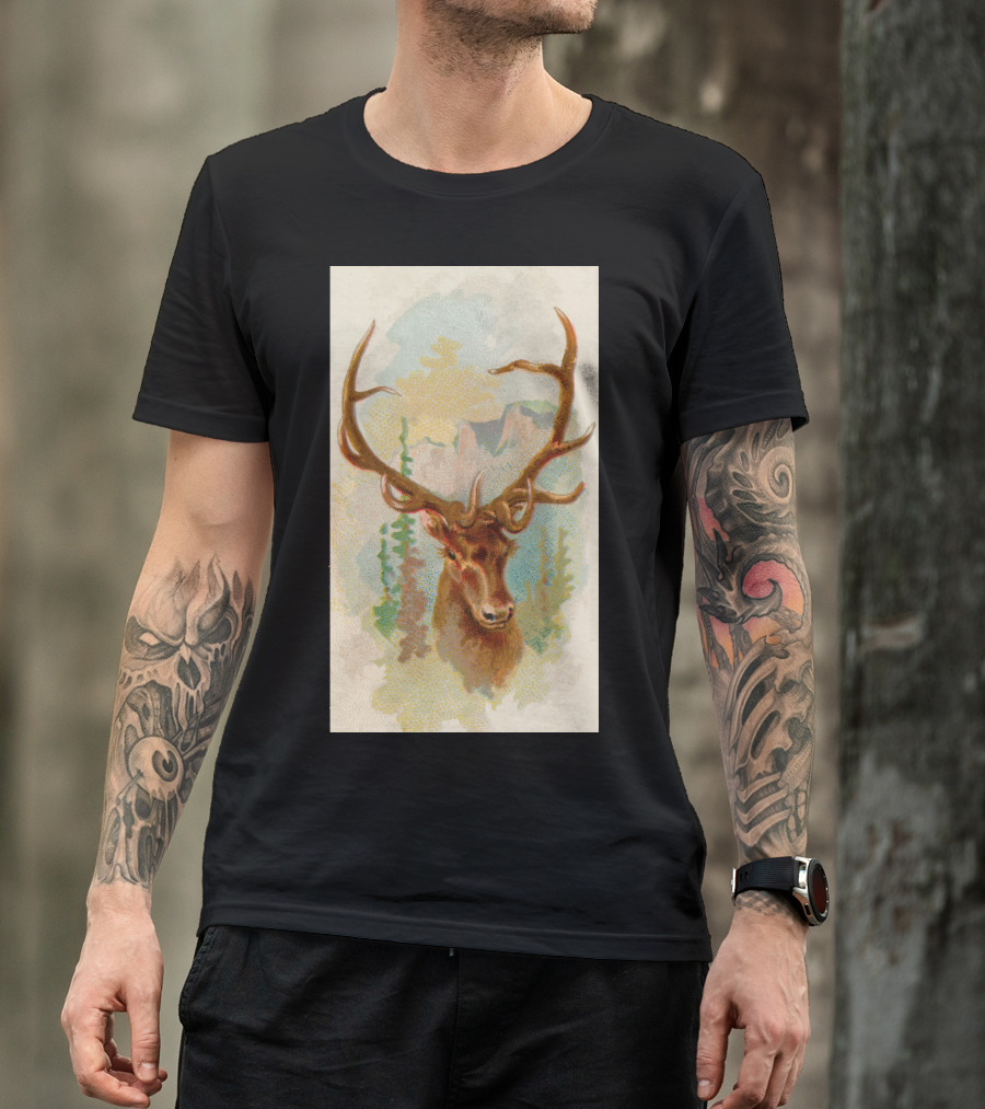 Deer Picture Nature Scene With Antlers And Mountain Background T-Shirt