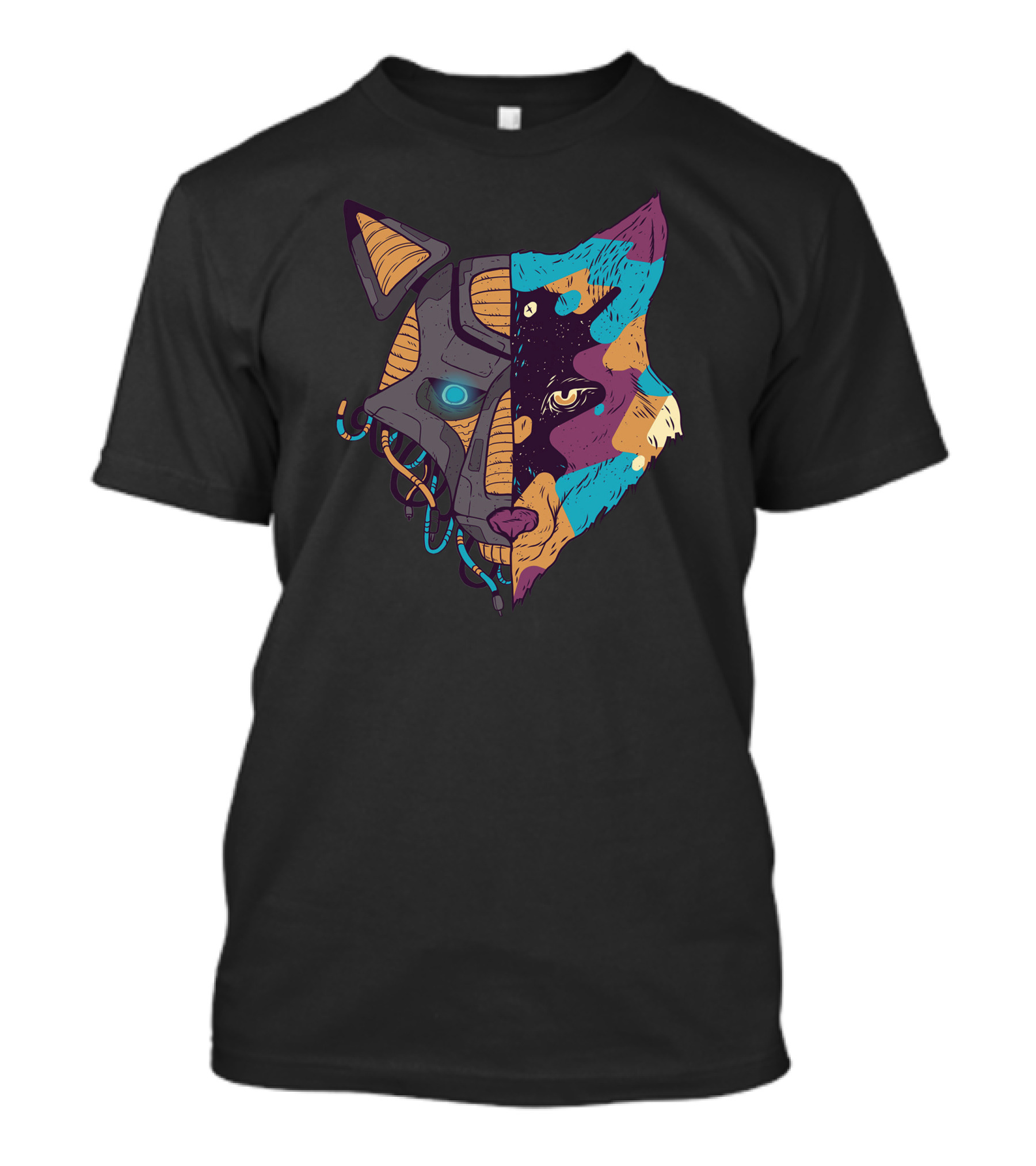 Double Faced Cybernetic And Cosmic Wolf T-Shirt