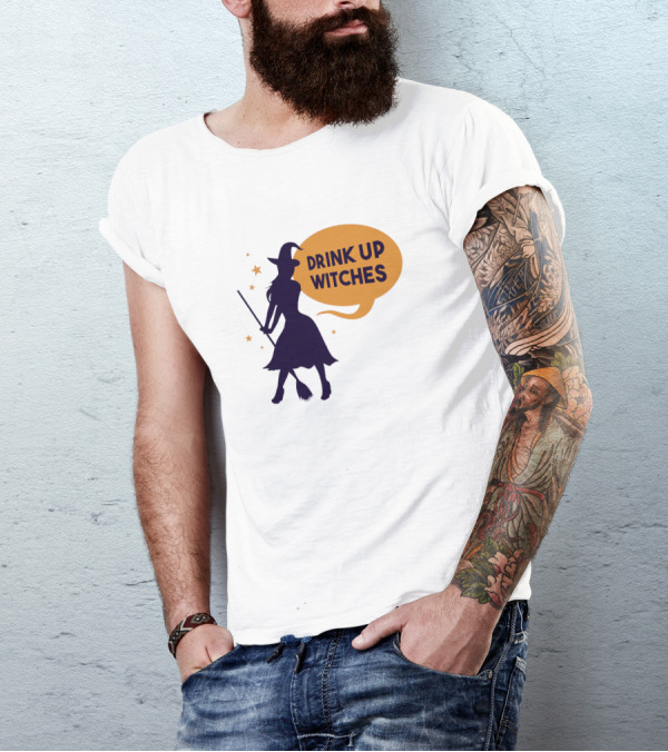 Drink Up Witches Halloween Silhouette With Broom And Stars T-Shirt