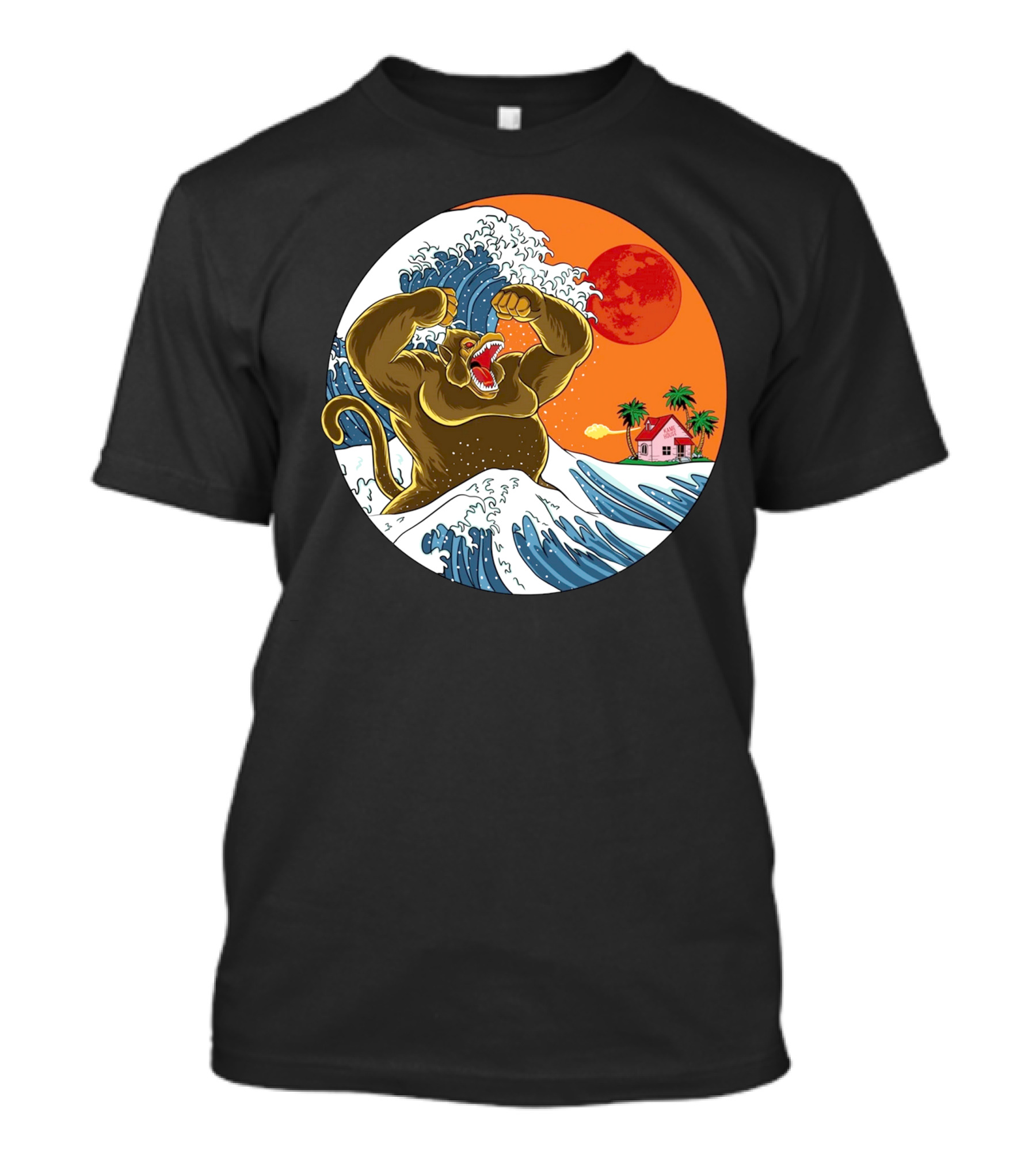 Great Monster From Kanagawa Wave With Island House And Red Sun T-Shirt