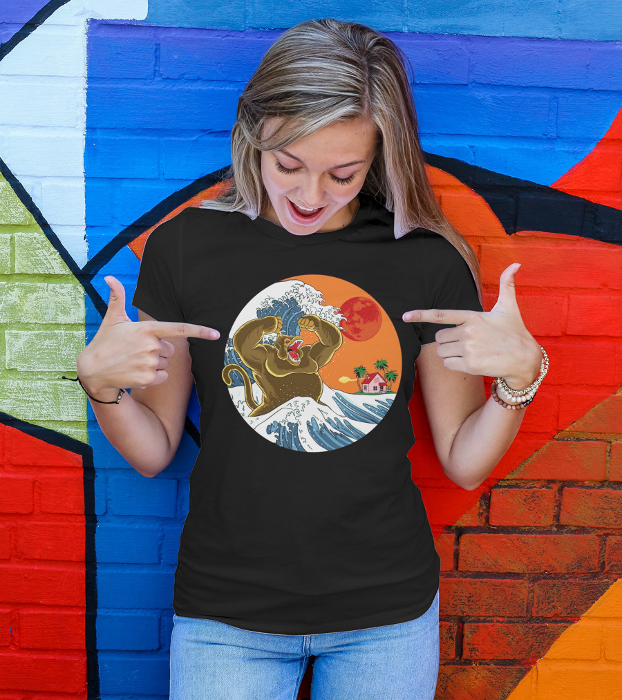 Great Monster From Kanagawa Wave With Island House And Red Sun T-Shirt