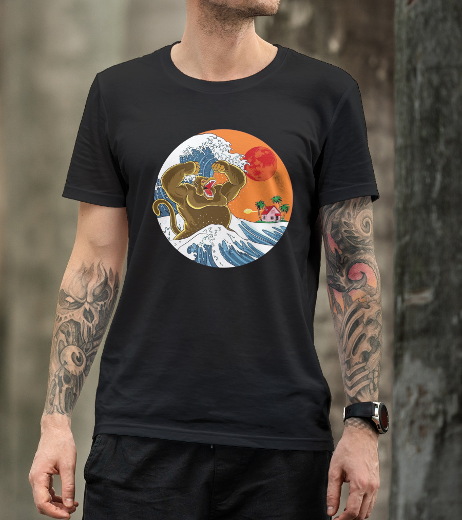 Great Monster From Kanagawa Wave With Island House And Red Sun T-Shirt
