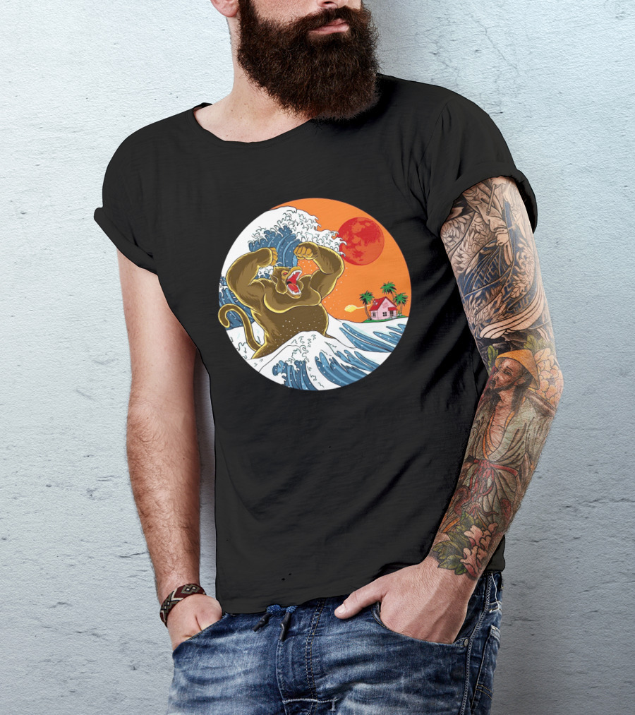 Great Monster From Kanagawa Wave With Island House And Red Sun T-Shirt