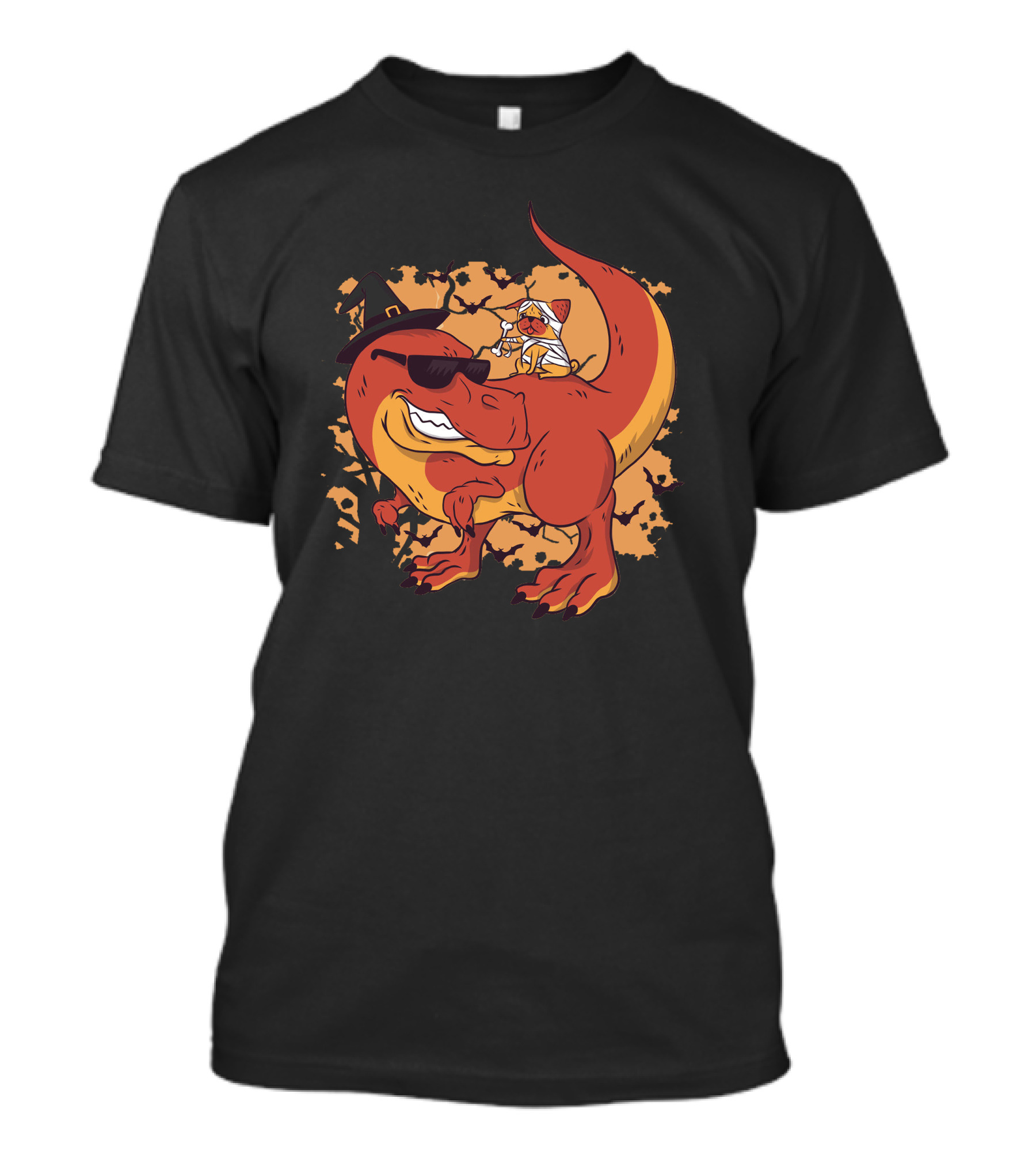 Halloween Pug Riding Dinosaur In Witch Hat And Sunglasses T-Shirt