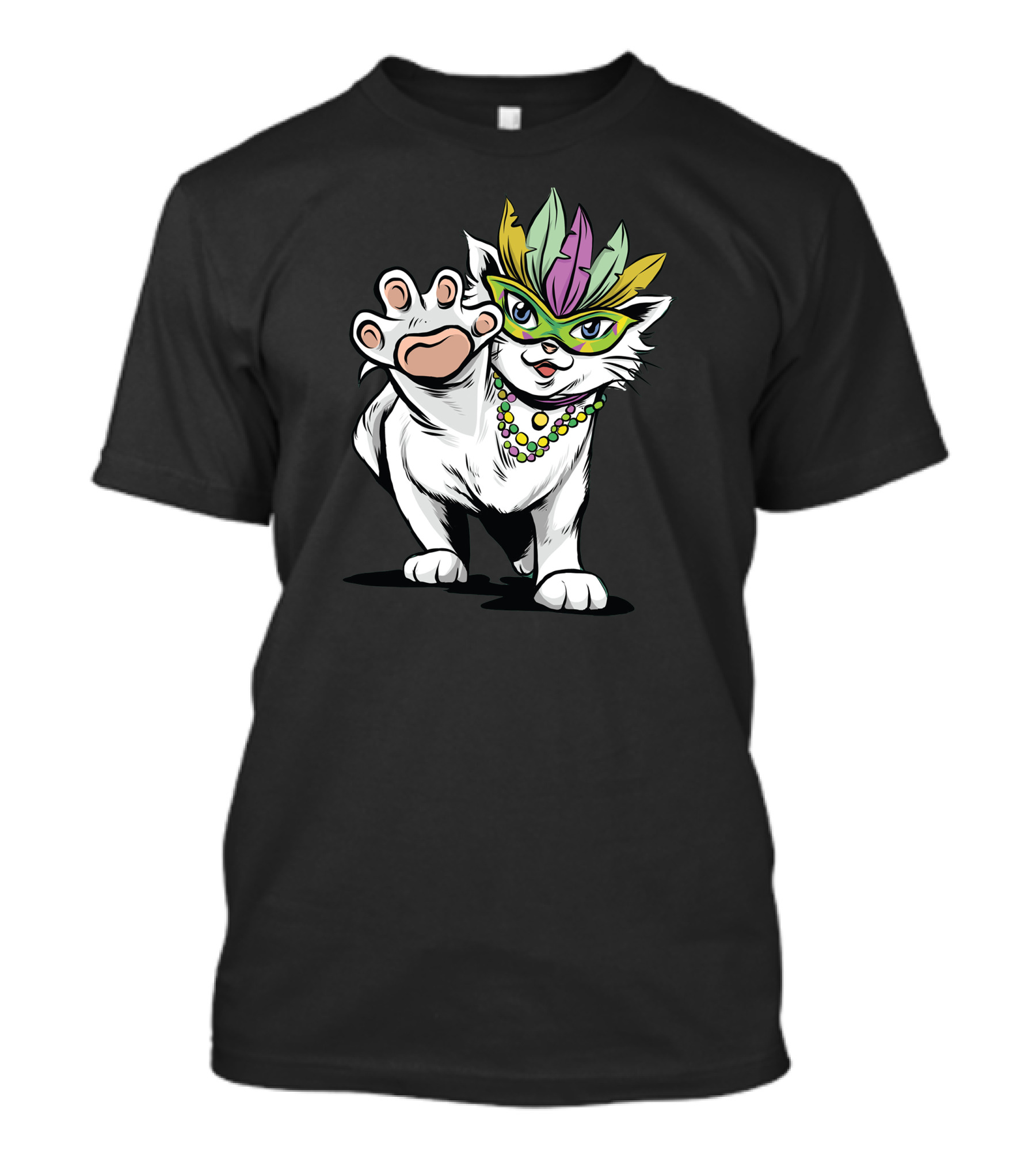 Mardi Gras Cat Mask Beads Feathers Paw Up T-Shirt