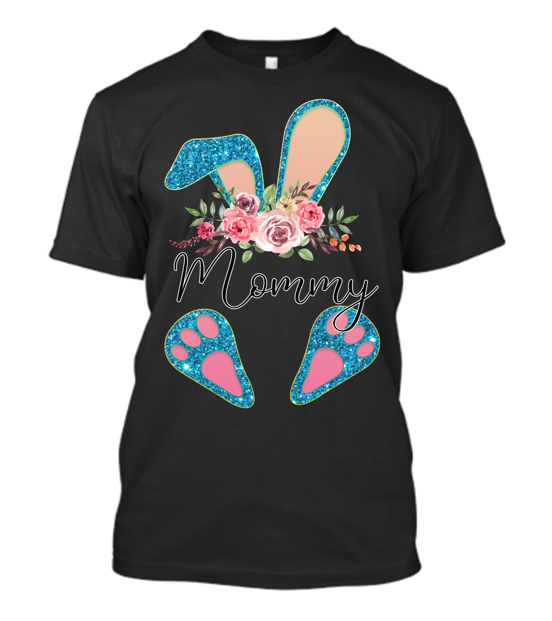 Mommy Floral Bunny Ears With Sparkle Paws T-Shirt