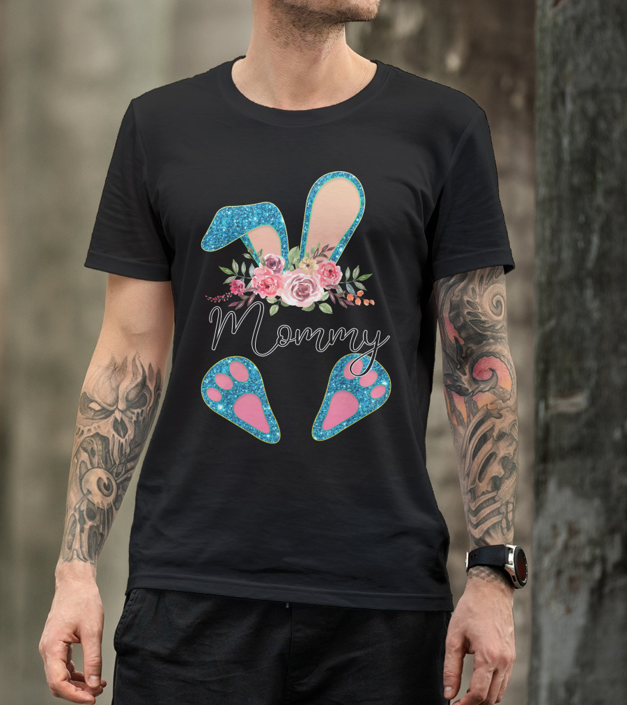 Mommy Floral Bunny Ears With Sparkle Paws T-Shirt