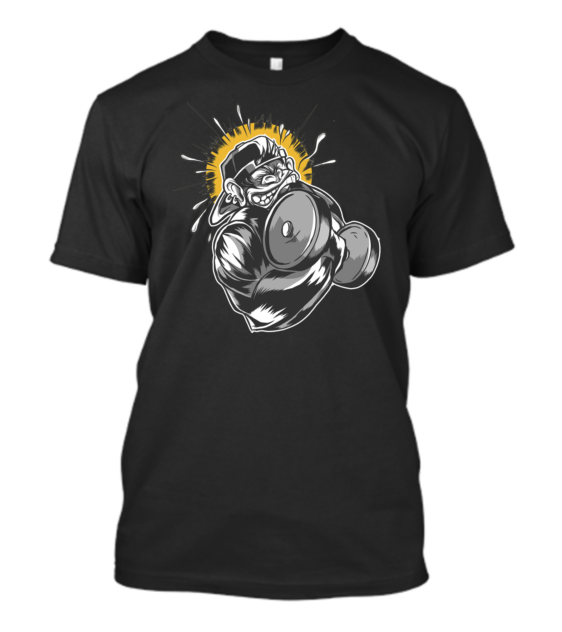 Monkey Dumbbell Gorilla With Backwards Hat And Sunburst Lifting Weights T-Shirt