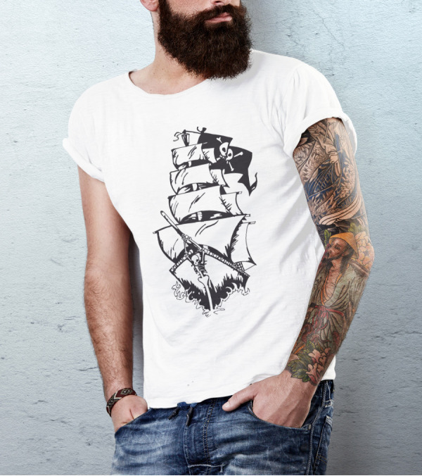 Pirate Ship With Skull And Crossbones Flag Sails T-Shirt