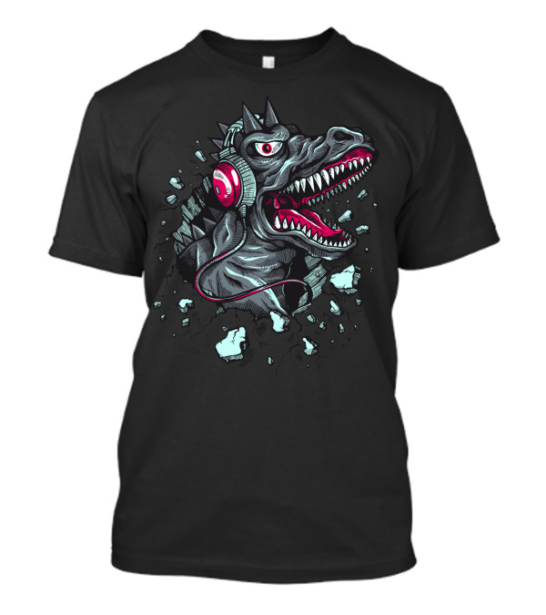 Tyrannosaurus Dinosaur With Headphones Breaking Through Wall Cartoon T-Shirt