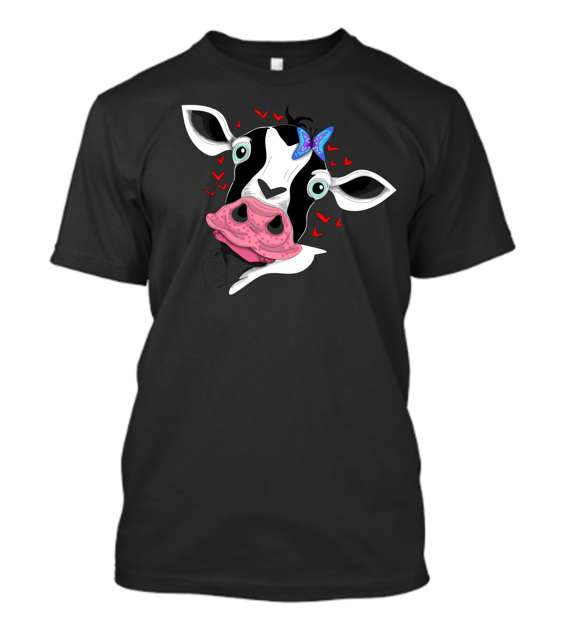 Baby Cow Pink Tongue Blue Bow Hearts T-Shirt