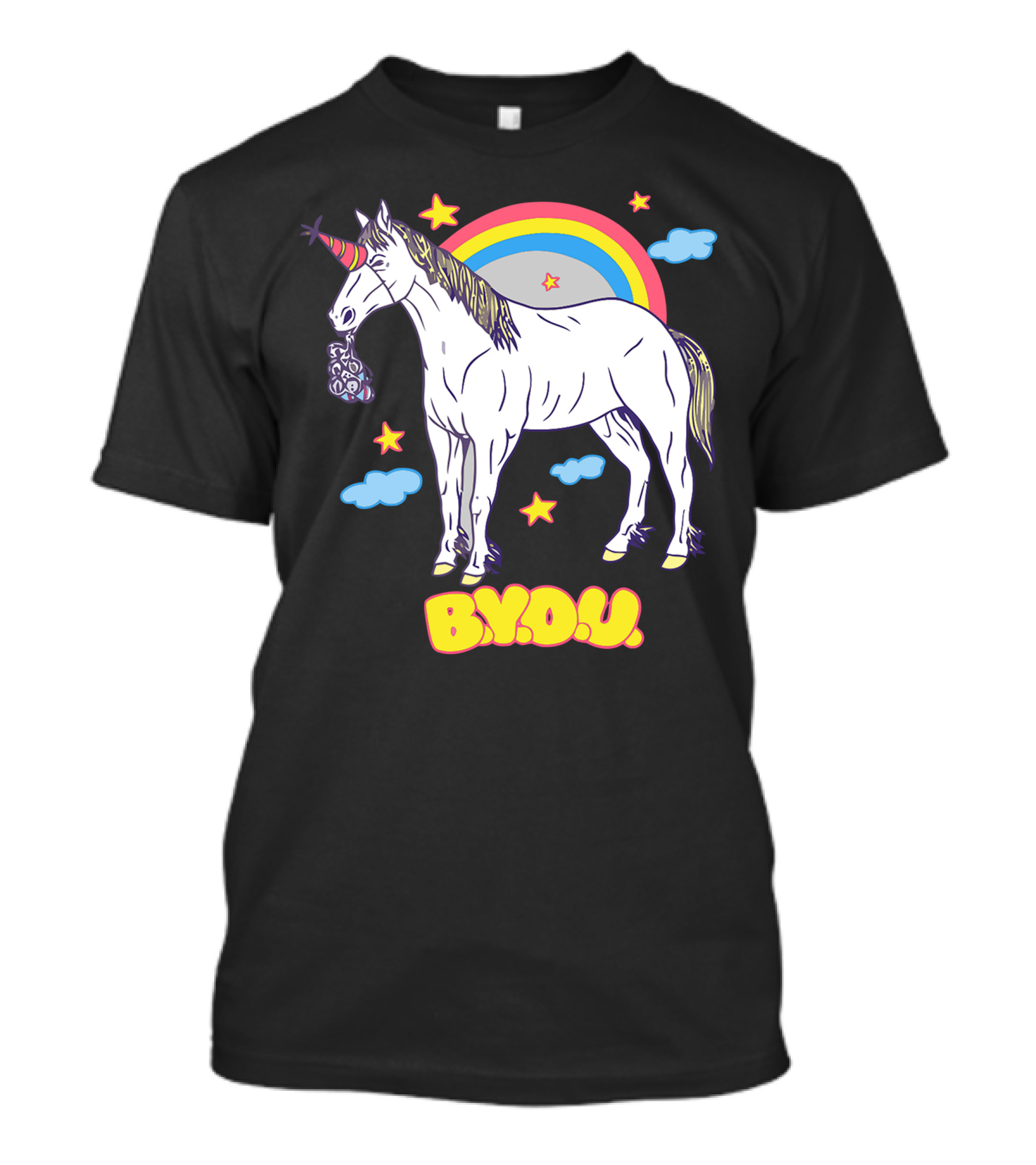 BYOU Rainbow Unicorn With Starry Clouds T-Shirt