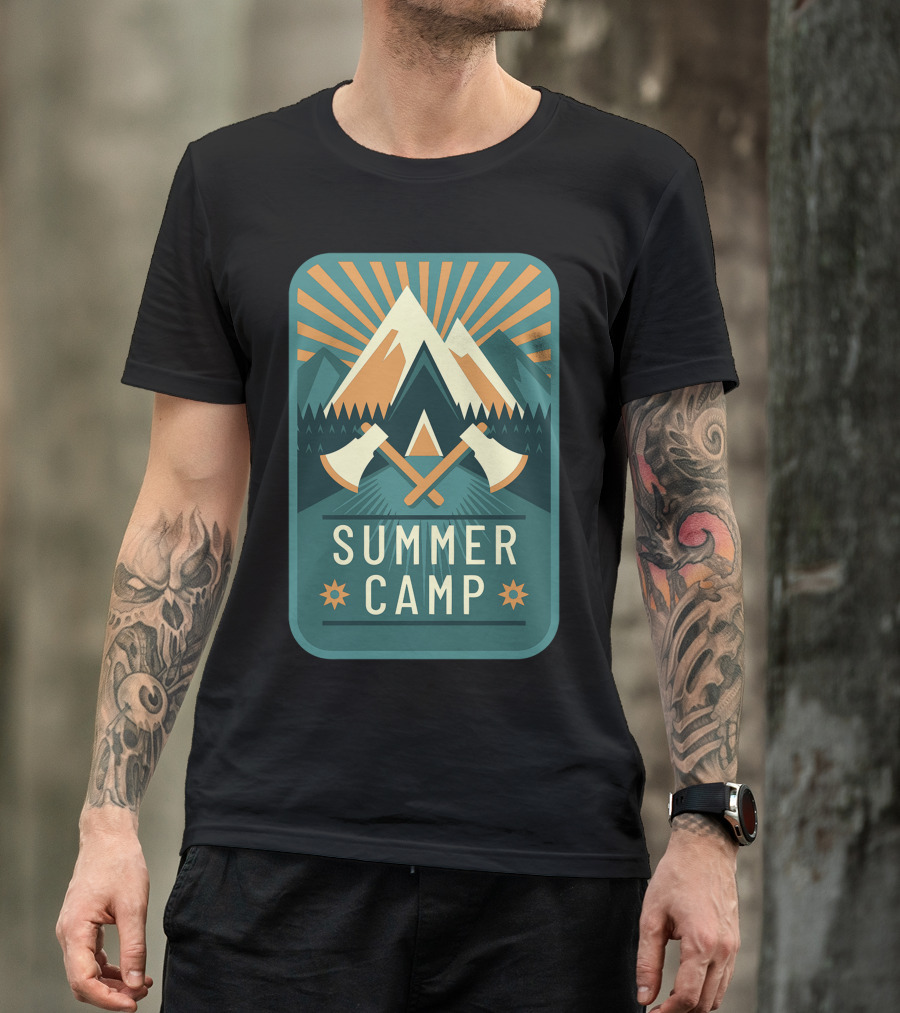 Summer Camp Mountains Adventure Axes Sunburst T-Shirt