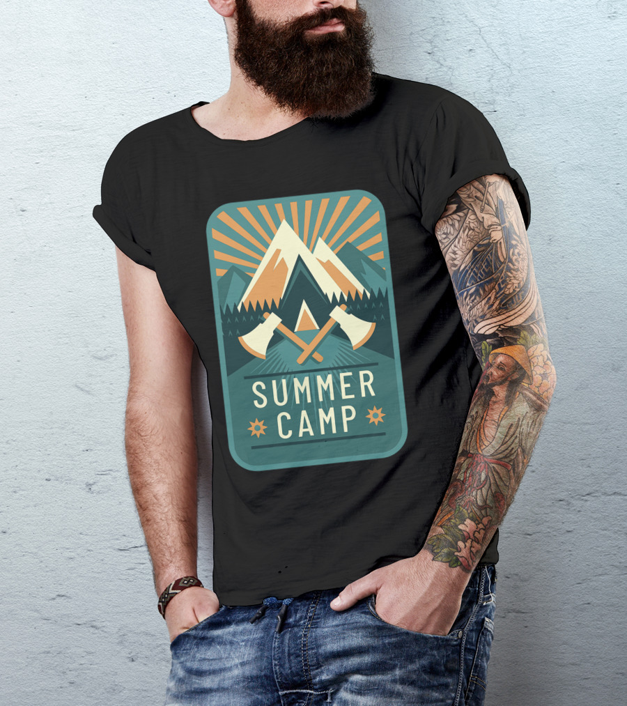 Summer Camp Mountains Adventure Axes Sunburst T-Shirt