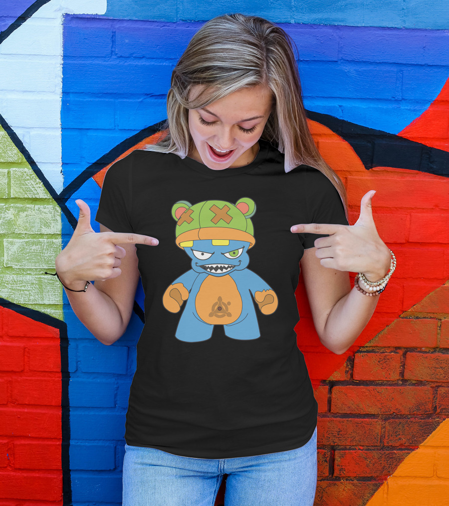 Evil New Iii Bear Character With Green Cross-Eyed Hat And Blue Body T-Shirt
