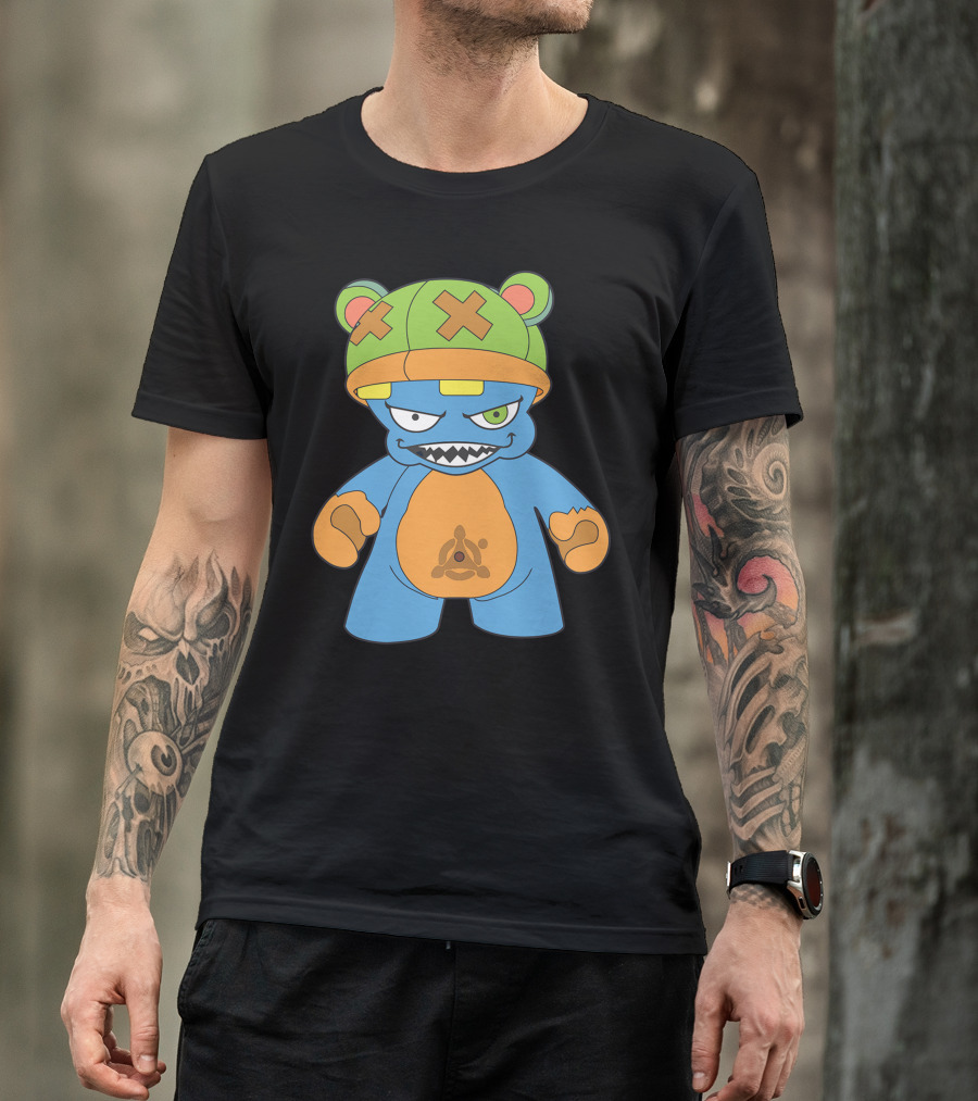 Evil New Iii Bear Character With Green Cross-Eyed Hat And Blue Body T-Shirt