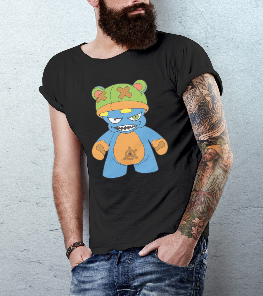 Evil New Iii Bear Character With Green Cross-Eyed Hat And Blue Body T-Shirt