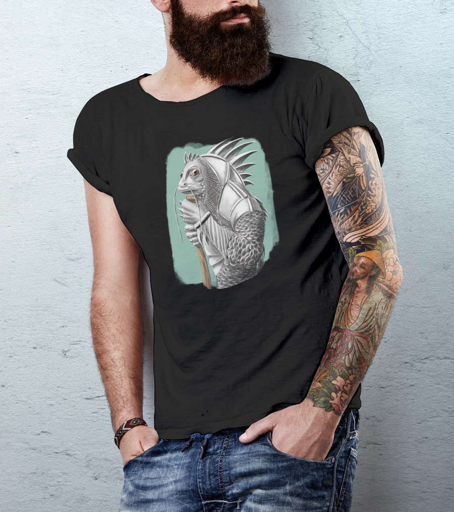 Fish Knight Armor Holding Staff Fantasy T-Shirt