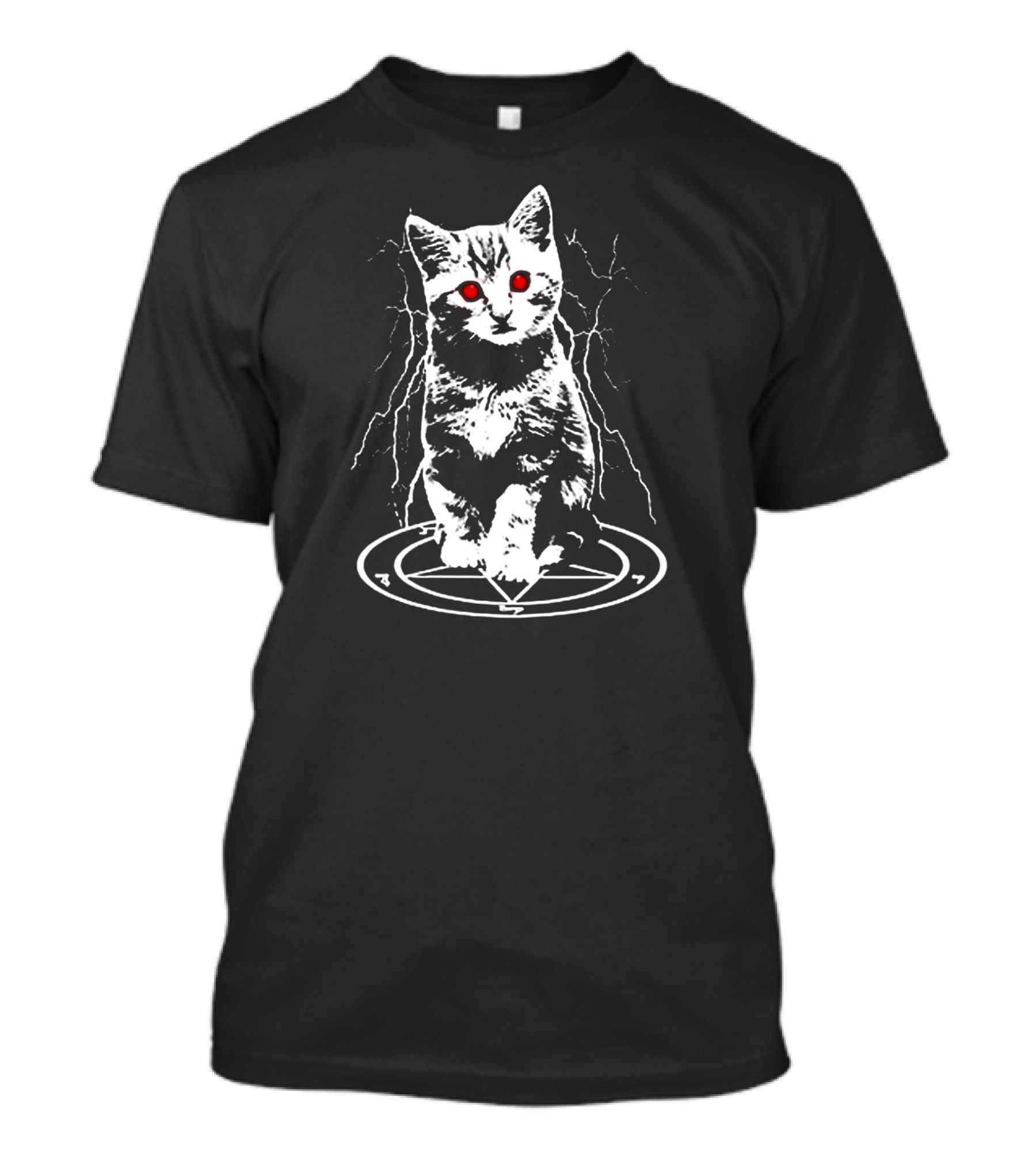Funny Demon Cat With Red Eyes And Pentagram Circle T-Shirt