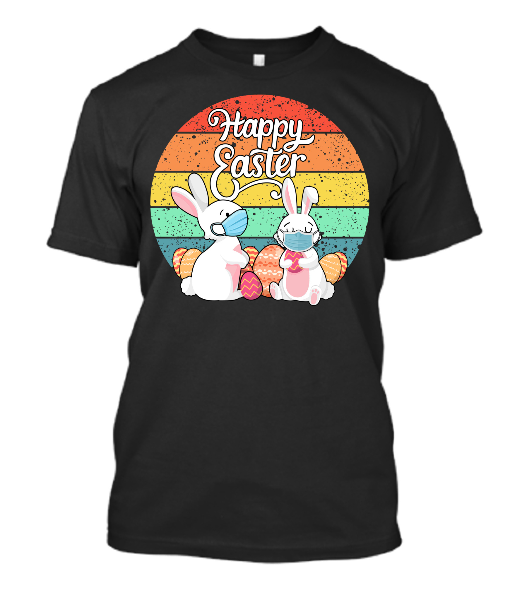 Happy Easter Bunny With Masks And Colorful Rainbow Eggs T-Shirt
