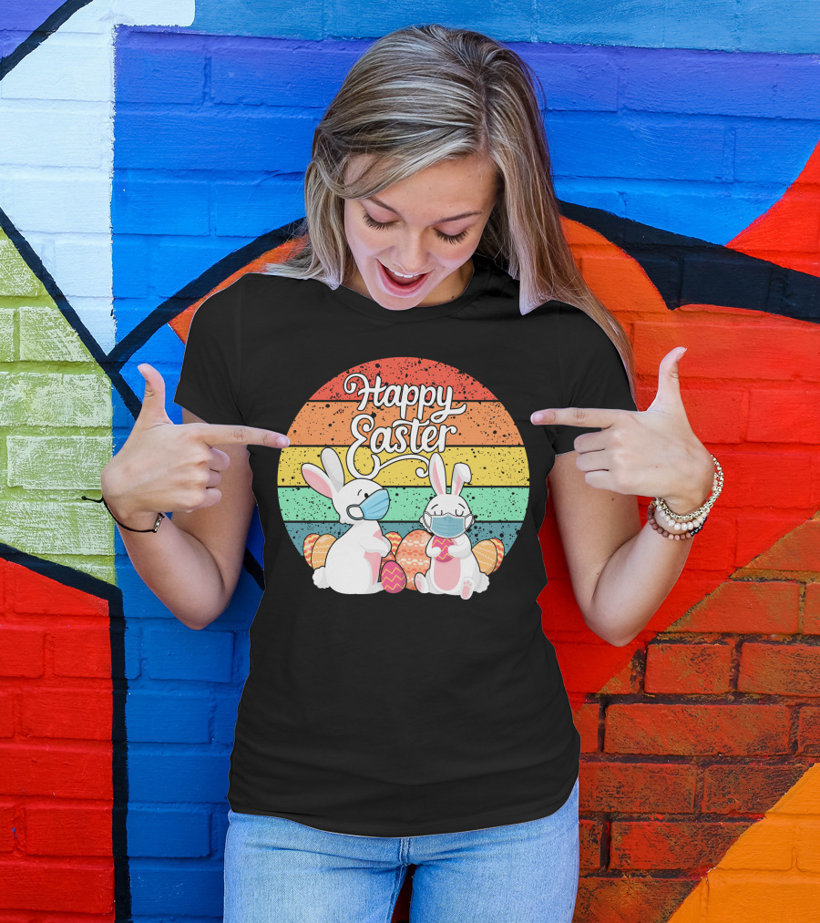 Happy Easter Bunny With Masks And Colorful Rainbow Eggs T-Shirt