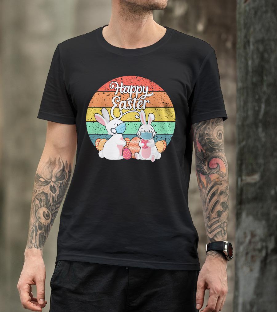 Happy Easter Bunny With Masks And Colorful Rainbow Eggs T-Shirt