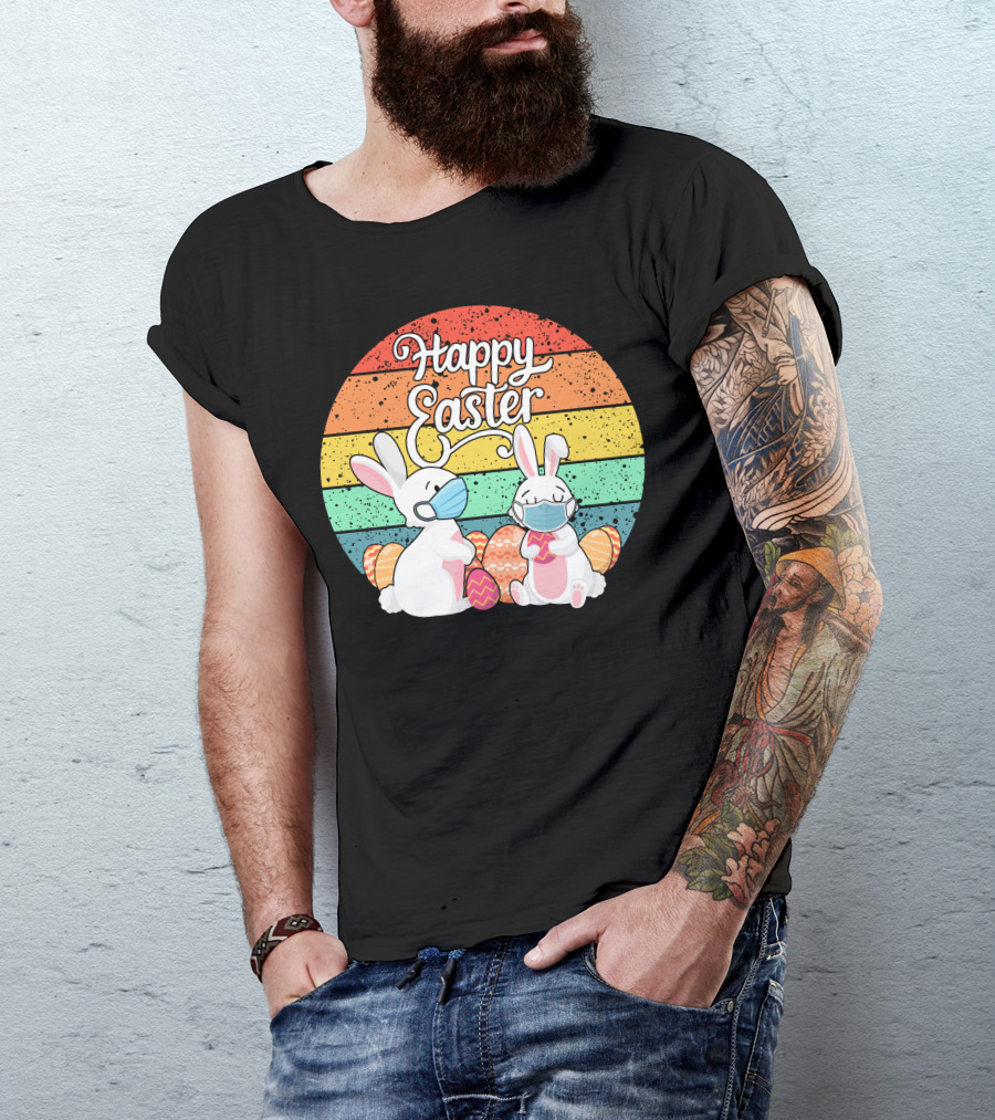 Happy Easter Bunny With Masks And Colorful Rainbow Eggs T-Shirt