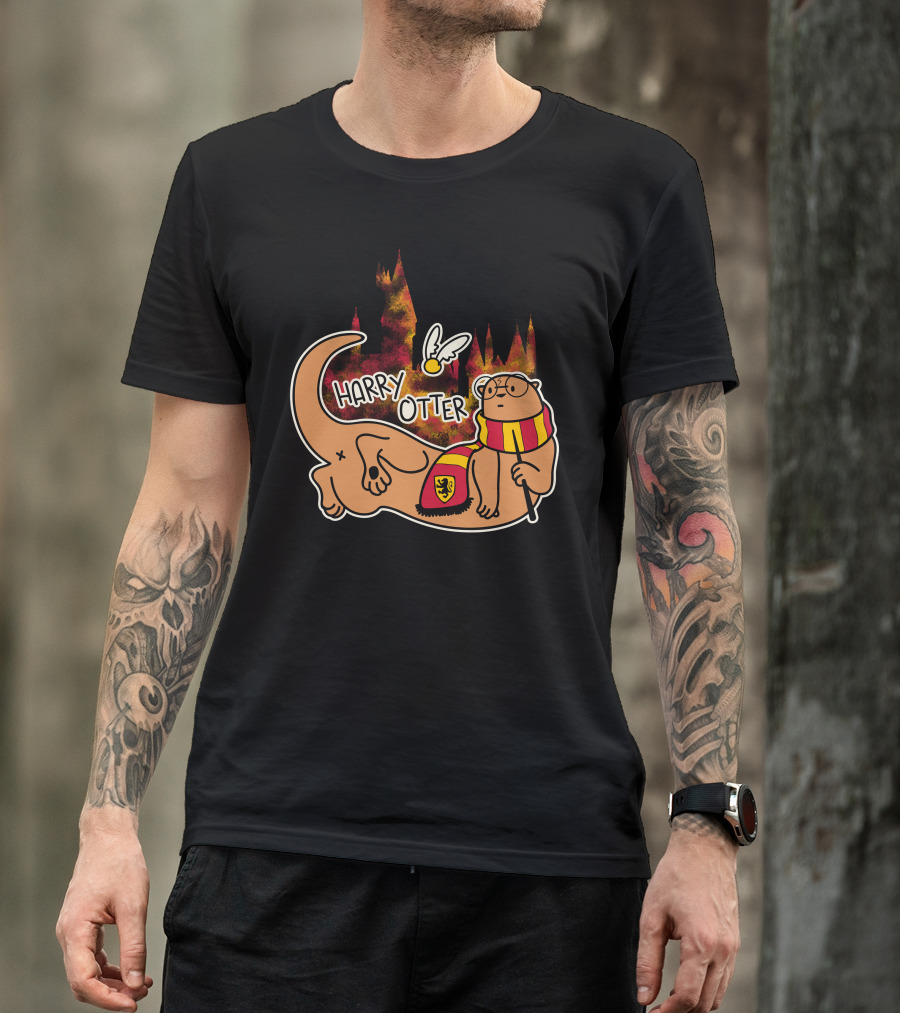 Harry Otter Cute Wizard Otter With Hogwarts Gryffindor Scarf And Golden Snitch T-Shirt
