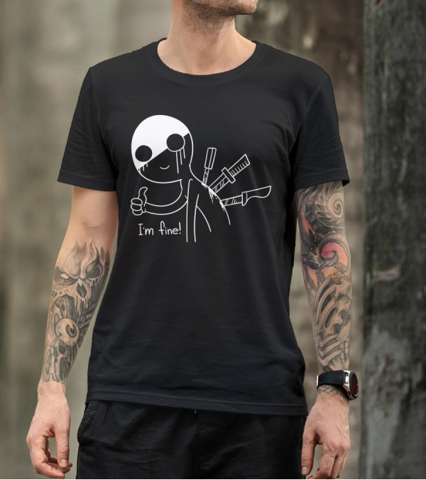 I'm Fine Humor With Knives And Smiling Cartoon Character T-Shirt