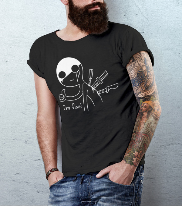 I'm Fine Humor With Knives And Smiling Cartoon Character T-Shirt